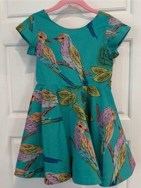 Tea Collection Bird Print Open Button Back Dress Size 4 EUC Teal